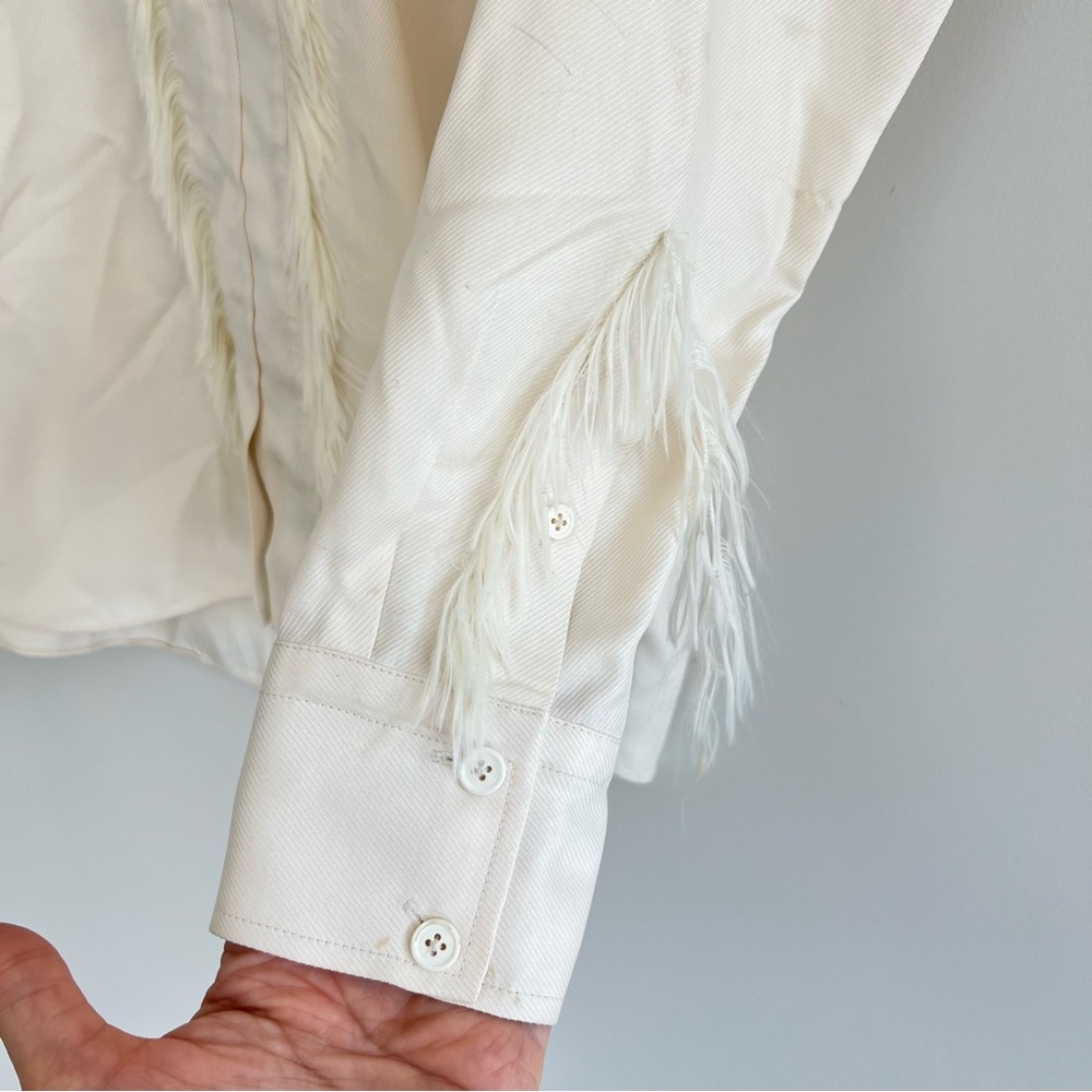 HELMUT LANG Twill Silk Feather Trim Ecru / White Fringe Long Sleeve Blouse Sz XS - Picture 7 of 16